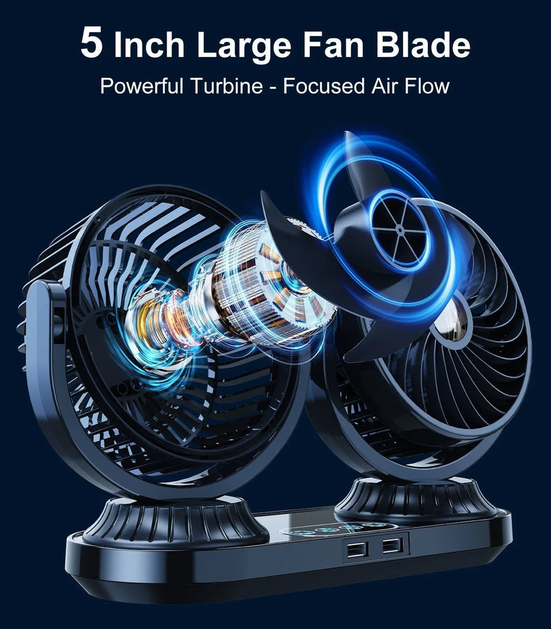 Dual Head Car Fan 12V/24V Portable Auto Cooling Fan 360°
